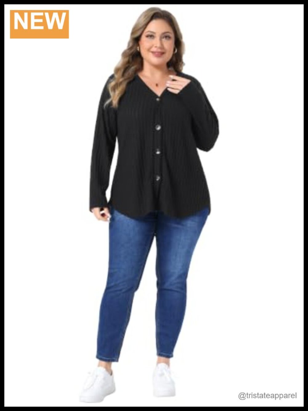 Plus Size Ribbed Knit Button Down Cardigan V Neck Long Sleeve - Picture 2 of 4